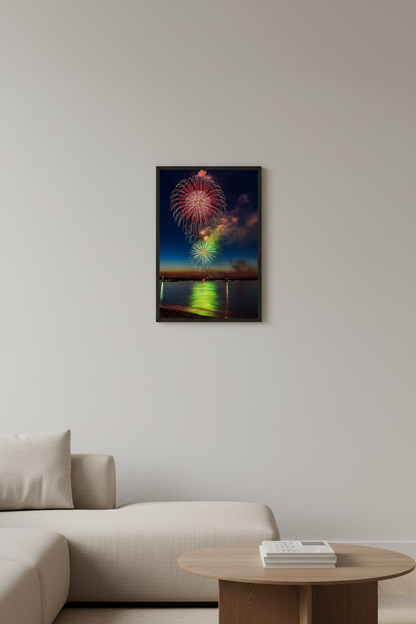 Small fine art portrait print of Traverse City Cherry Festival 2024 finale fireworks featuring crimson pink gold and green triple burst over Grand Traverse Bay from Clinch Park Beach displayed in modern living room