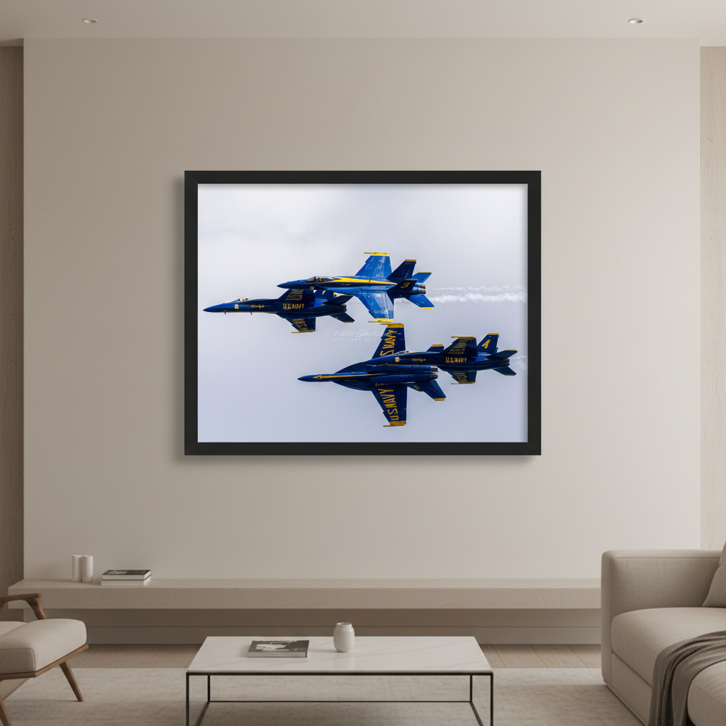 Large fine art print of four Blue Angels F/A-18 Hornets in a dramatic crossing scissors maneuver filling the frame with blue and gold livery against an overcast sky at the 2024 Traverse City Cherry Festival Airshow displayed in modern living room