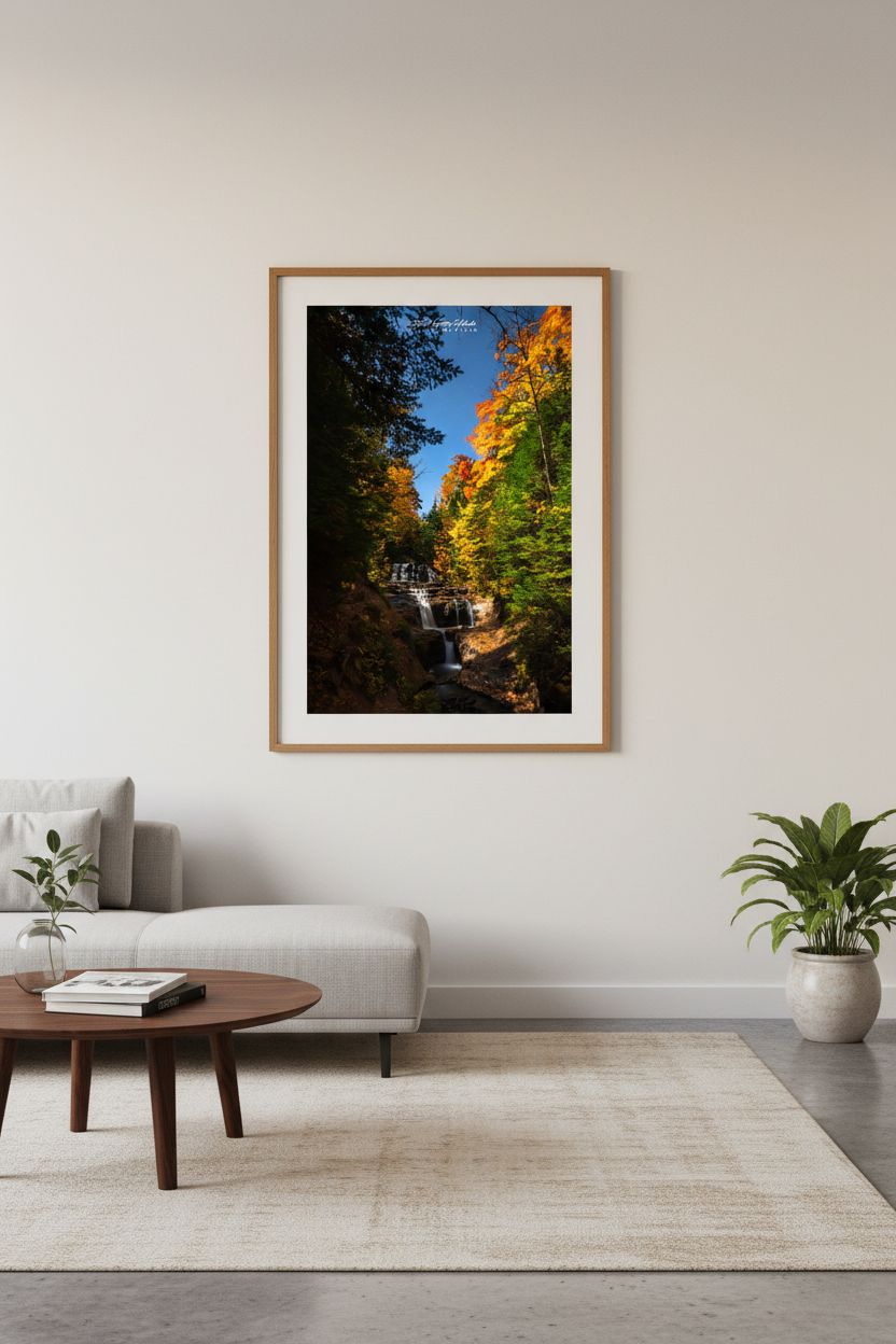 Large fine art portrait print of Sable Falls in autumn moonlight at Pictured Rocks displayed in modern living room