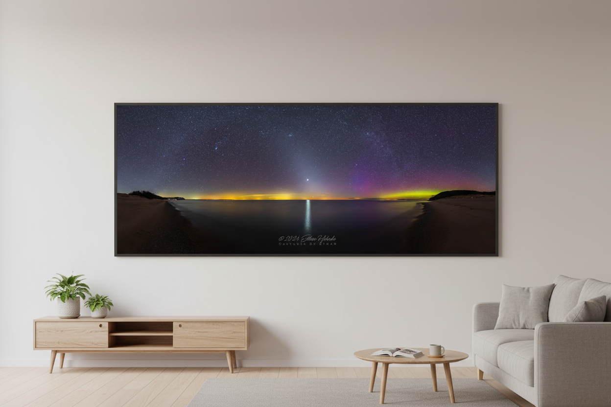 Large fine art ultra-wide panoramic print of Milky Way and aurora borealis with multi-color northern lights over Lake Michigan from North Bar Beach near Empire Michigan March 14 2023 displayed in modern living room