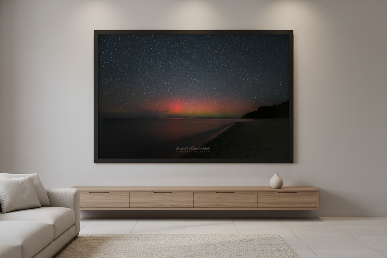Large fine art print of wide diffuse aurora borealis red and green-yellow airglow band over Lake Michigan from North Street Beach Leland Michigan curved sandy beach dark tree-lined headland lower right long exposure calm water Oct 5 2024 3:18am displayed in modern living room