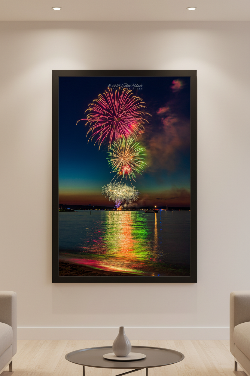 Large fine art portrait print of Traverse City Cherry Festival 2024 finale fireworks featuring magenta pink green and silver triple burst over Grand Traverse Bay from Clinch Park Beach displayed in modern living room