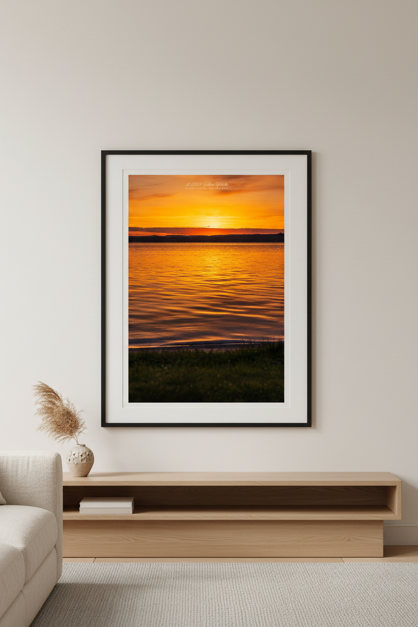 Large fine art portrait print of brilliant golden orange sunrise over calm Lake Leelanau Leland Michigan May 26 2024 displayed in modern living room