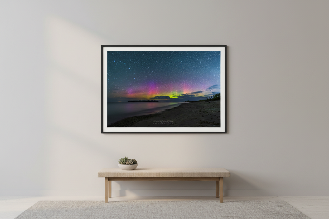 Large fine art landscape print of vivid Northern Lights with magenta purple and neon green aurora bands over glassy calm Lake Michigan shoreline with dark forested peninsula silhouetted on horizon and sandy beach at Fisherman's Island Charlevoix Michigan August 19 2022 displayed in modern living room