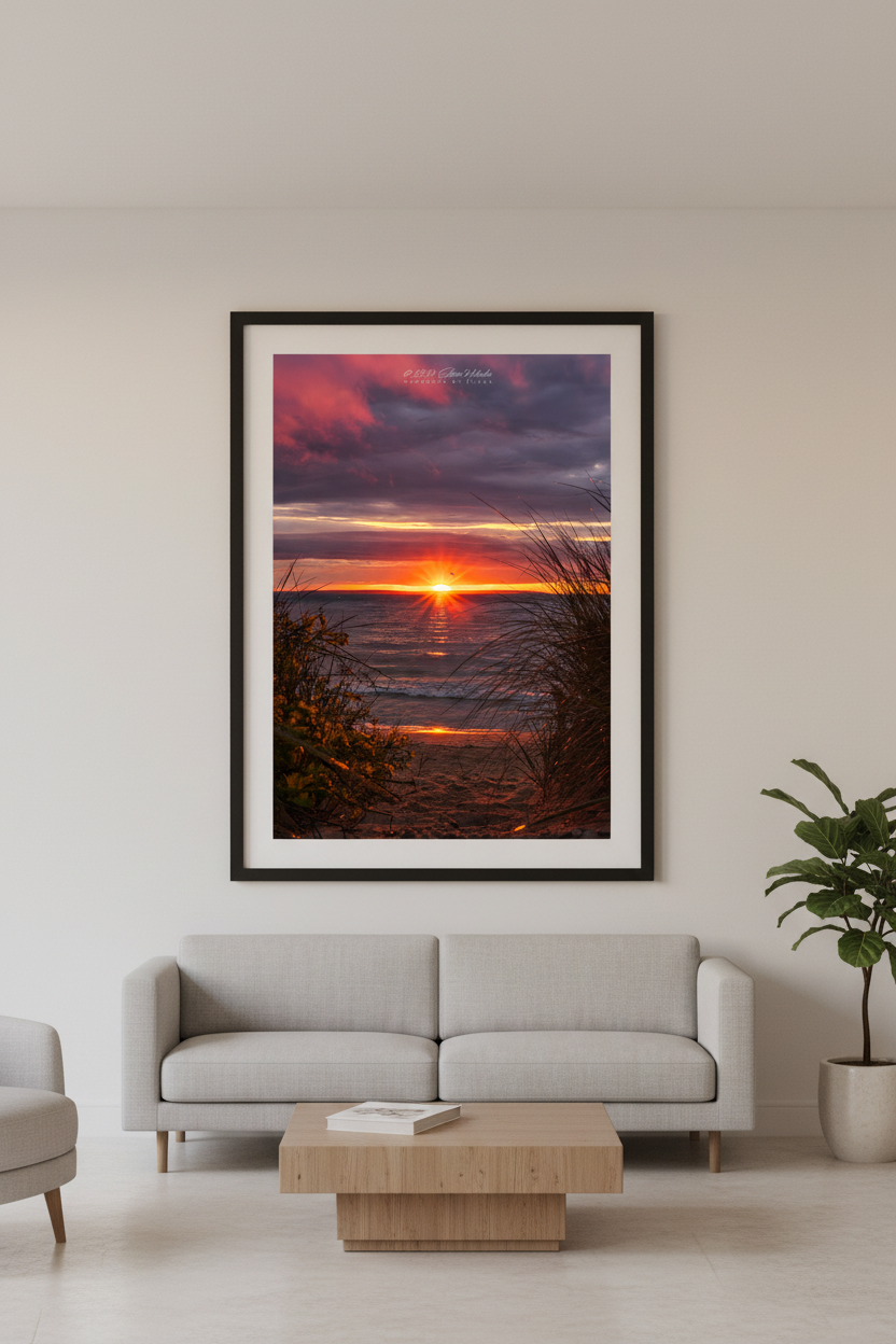 Large fine art portrait print of starburst sun on horizon framed by dune grass and beach shrubs with golden reflection path on Lake Michigan Leland May 2024 displayed in modern living room