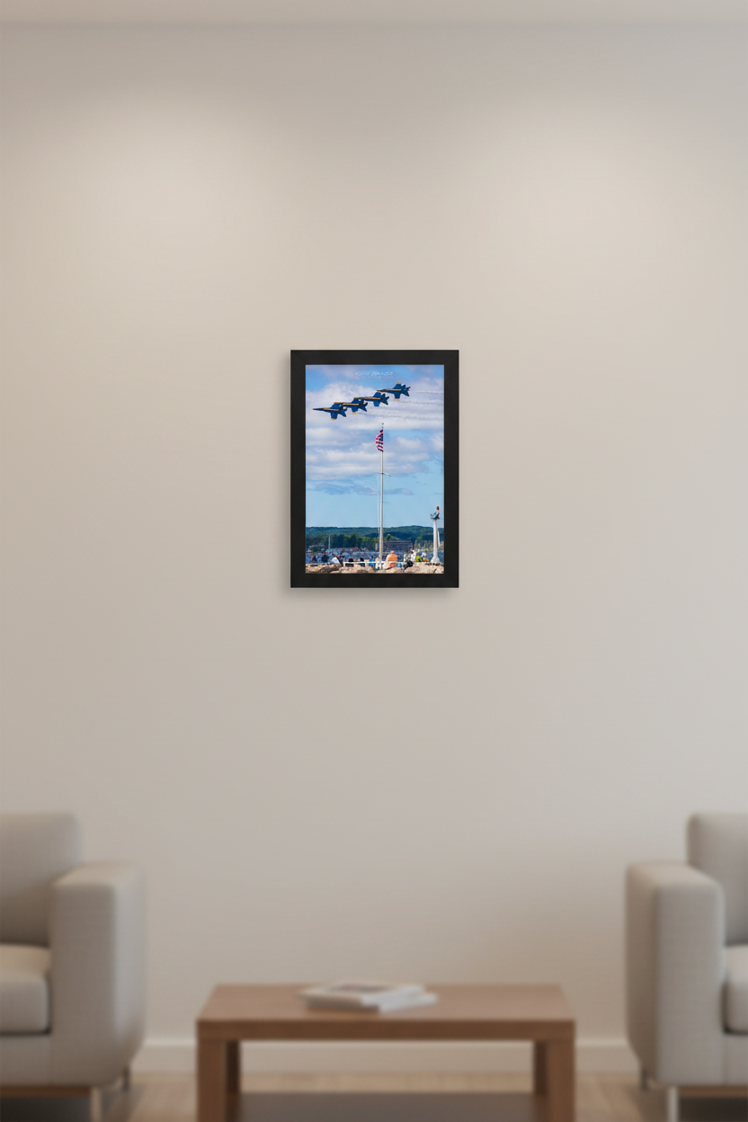 Small fine art portrait print of Blue Angels in diamond formation flying over American flag during 2024 Cherry Festival Airshow Traverse City Michigan June 30 2024 displayed in modern living room