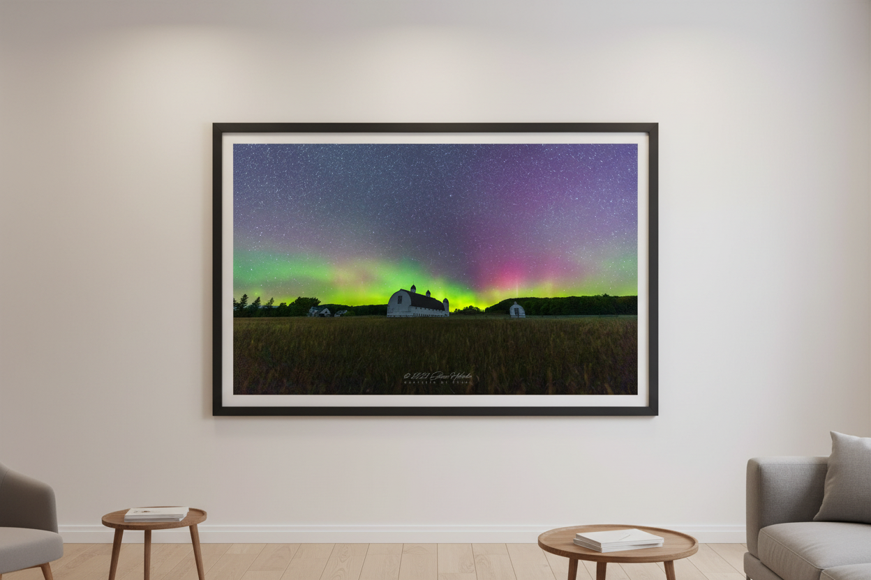 Large fine art landscape print of brilliant green and magenta Northern Lights arching over the historic white D.H. Day Farm barn with cupolas and golden wheat field foreground at Sleeping Bear Dunes Michigan September 4 2022 displayed in modern living room