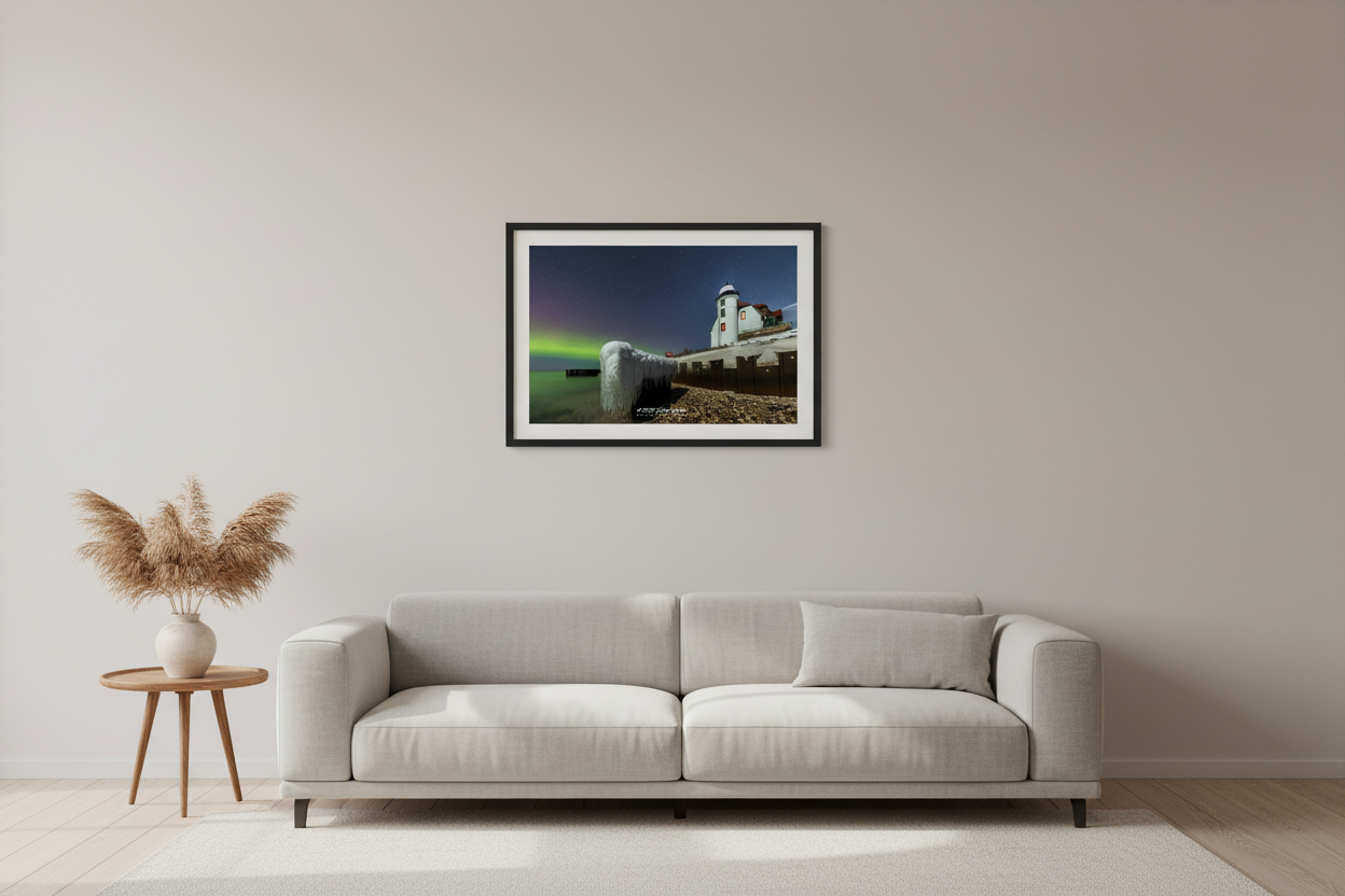 Small fine art landscape print of green and purple Northern Lights aurora over Point Betsie Lighthouse with dramatic ice formation and icicles on Lake Michigan shoreline February 26 2023 displayed in modern living room