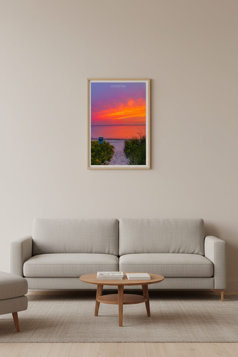 Small fine art portrait long exposure print of sandy beach path framed by dune grass and shrubs leading to glassy calm lake reflecting vivid red orange and purple sunset sky June 2023 displayed in modern living room