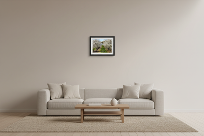 Small fine art landscape print of cherry blossoms in Leelanau County Michigan orchard displayed in modern living room
