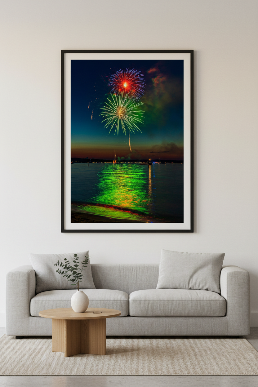 Large fine art portrait print of Traverse City Cherry Festival 2024 finale fireworks featuring red and green dual burst with launch trail reflecting over Grand Traverse Bay from Clinch Park Beach displayed in modern living room