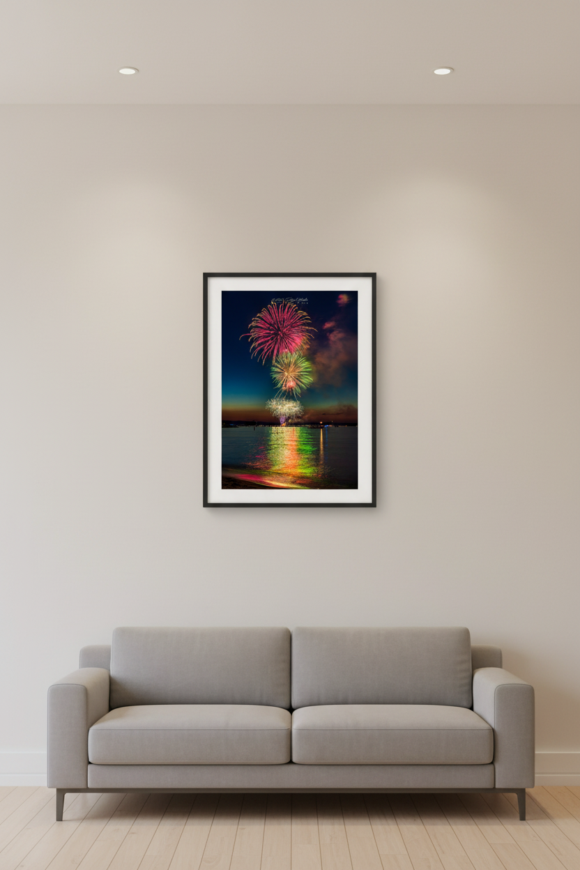 Small fine art portrait print of Traverse City Cherry Festival 2024 finale fireworks featuring magenta pink green and silver triple burst over Grand Traverse Bay from Clinch Park Beach displayed in modern living room