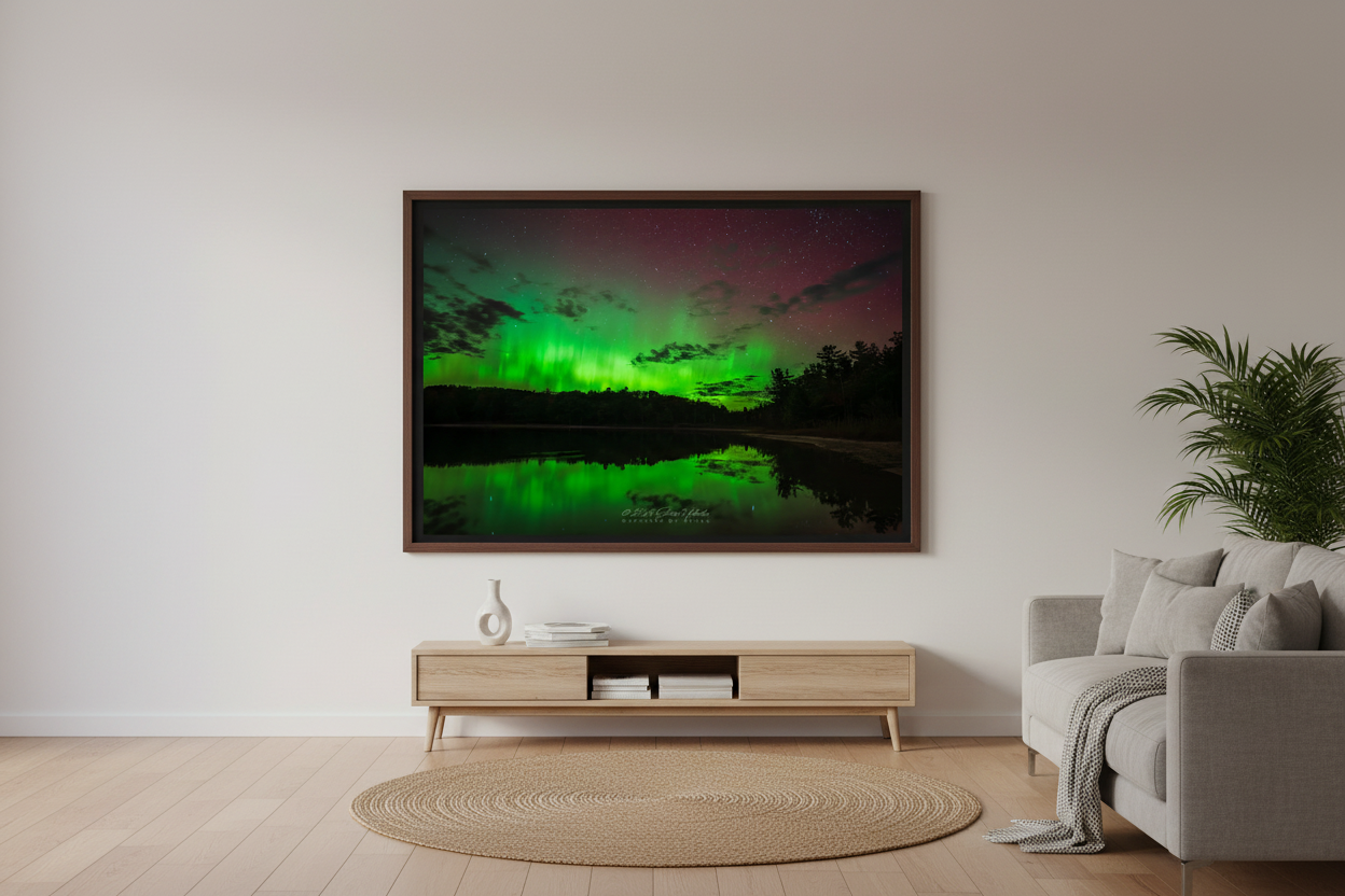 Large fine art landscape print of vivid electric green aurora curtains reflected in glassy Shell Lake with dark silhouetted tree line and crimson red sky within Sleeping Bear Dunes National Lakeshore Michigan October 7 2024 at 10:36pm displayed in modern living room