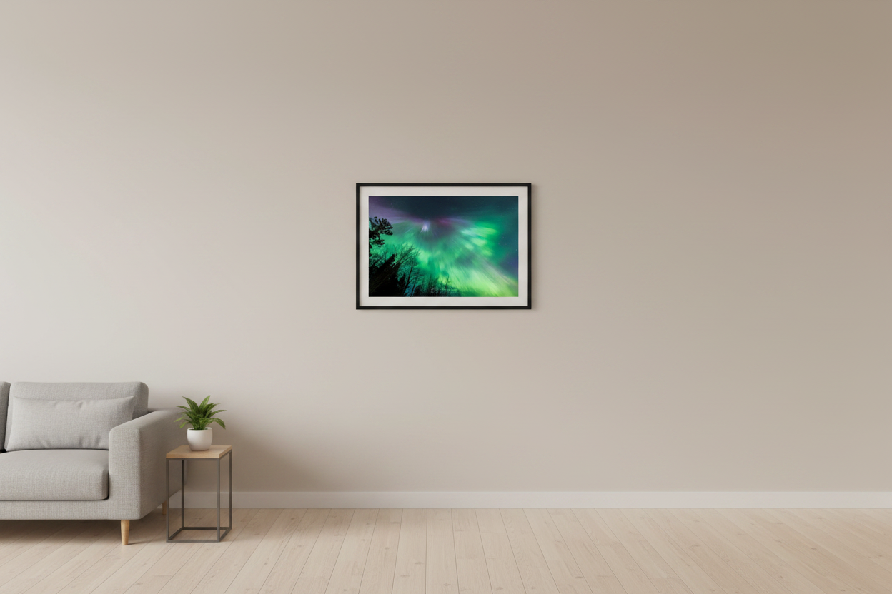 Small fine art landscape print of vivid green aurora corona burst with purple magenta corona point radiating curtains above silhouetted trees Lake Superior shoreline Michigan Upper Peninsula April 24 2023 displayed in modern living room