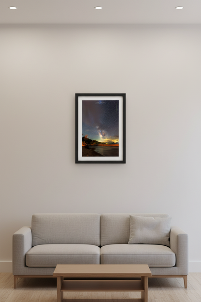 Small fine art portrait print of the Milky Way core blazing over Otter Creek at Sleeping Bear Dunes Michigan with Perseid meteor streaks sandy dunes and golden horizon August 12 2023 displayed in modern living room