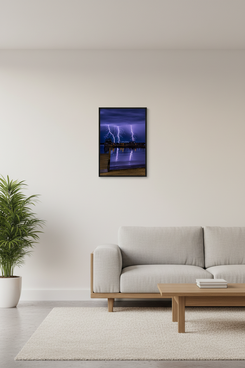 Small fine art portrait print of triple lightning strike above Leland Michigan displayed in modern living room