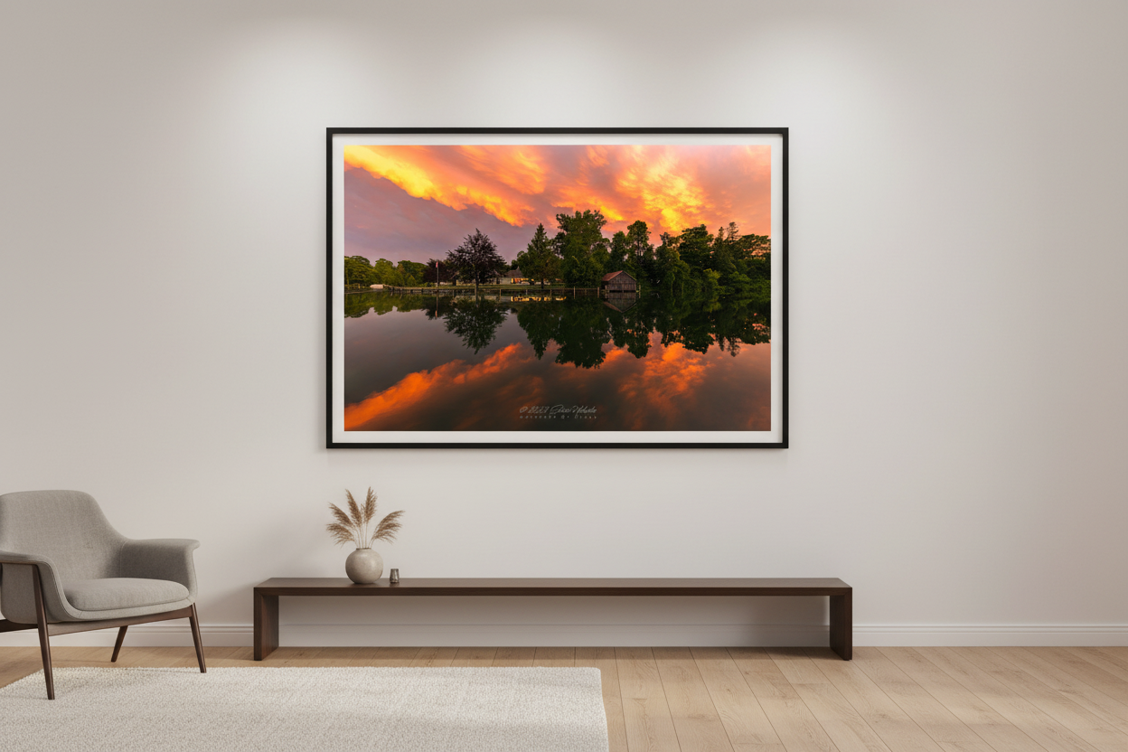 Large fine art landscape print of fiery orange pink storm clouds perfectly mirrored in glassy Leland River with rustic boathouse and tree line silhouette August 2023 displayed in modern living room