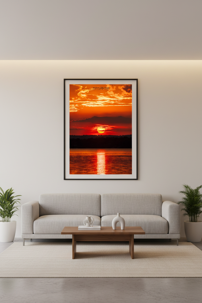 Large fine art portrait print of summer solstice sunrise with full sun over Lake Leelanau Michigan displayed in modern living room
