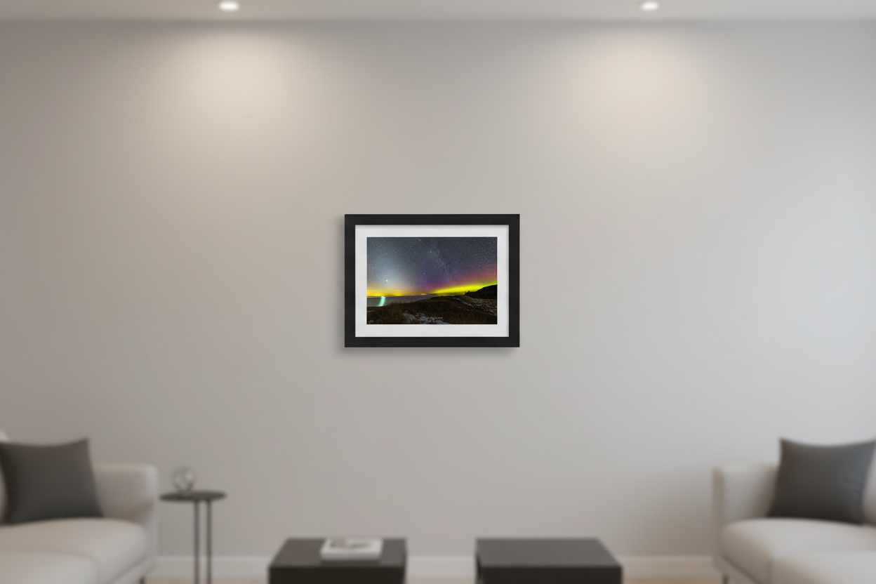 Small fine art landscape print of Venus and Northern Lights with Milky Way reflecting over Lake Michigan from North Bar Beach snow-dusted dune Sleeping Bear Dunes MI March 14 2023 displayed in modern living room