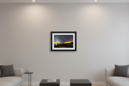 Small fine art landscape print of Venus and Northern Lights with Milky Way reflecting over Lake Michigan from North Bar Beach snow-dusted dune Sleeping Bear Dunes MI March 14 2023 displayed in modern living room