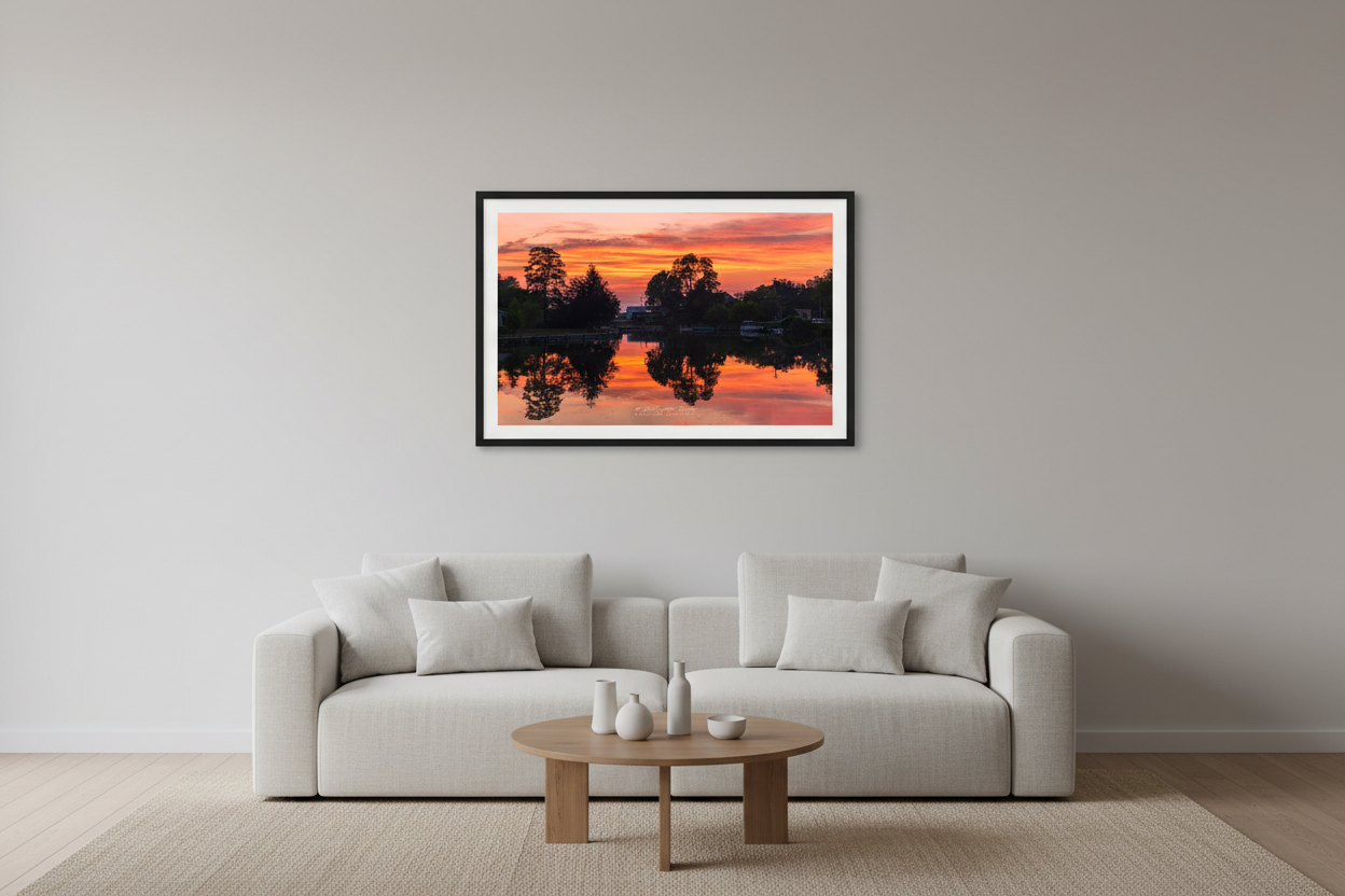 Small fine art landscape print of perfectly mirrored blazing orange pink and crimson sunset sky reflected in glassy calm Leland River channel with dark tree silhouettes framing both sides and docks along the banks July 1 2023 displayed in modern living room