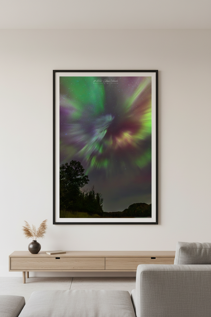 Large fine art portrait print of rare aurora corona event with explosive radial rays of green yellow crimson red purple and white bursting from central point over silhouetted tree line at North Bar Lake Michigan October 11 2024 at 1:10am displayed in modern living room