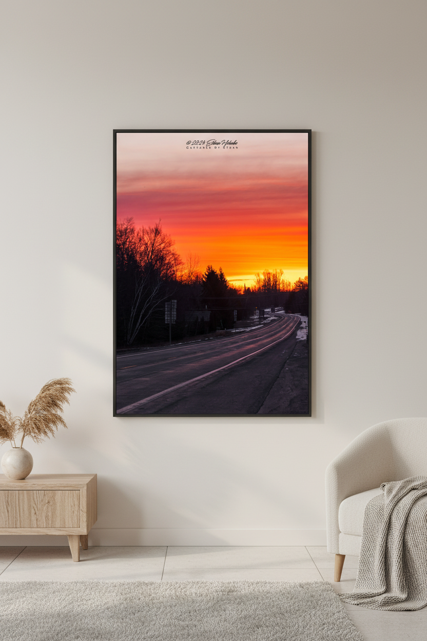 Large fine art portrait print of fiery M-204 highway sunrise with winter tree silhouettes in Leelanau County Michigan displayed in modern living room