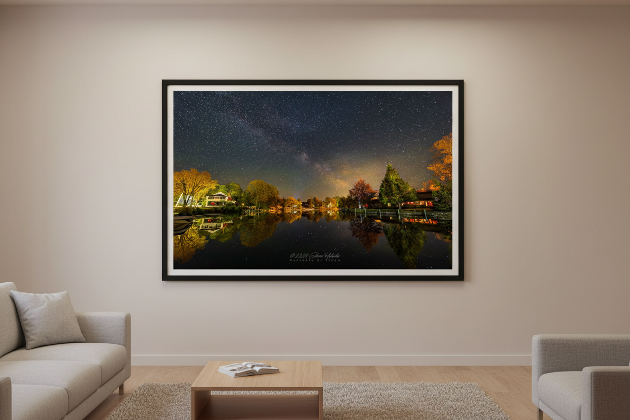 Large fine art landscape print of the Milky Way rising over the Leland River with warm golden cottage lights reflecting on the glassy water and autumn trees on both sides May 15 2023 displayed in modern living room