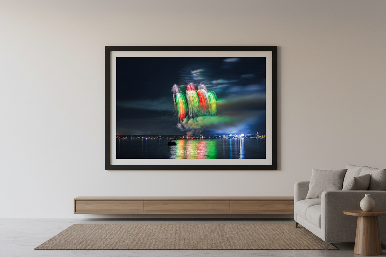 Large fine art landscape print of Traverse City 4th of July 2024 fireworks showing five side-by-side weeping willow shells in green, red, orange, and yellow forming a colorful striped curtain over Grand Traverse Bay displayed in modern living room