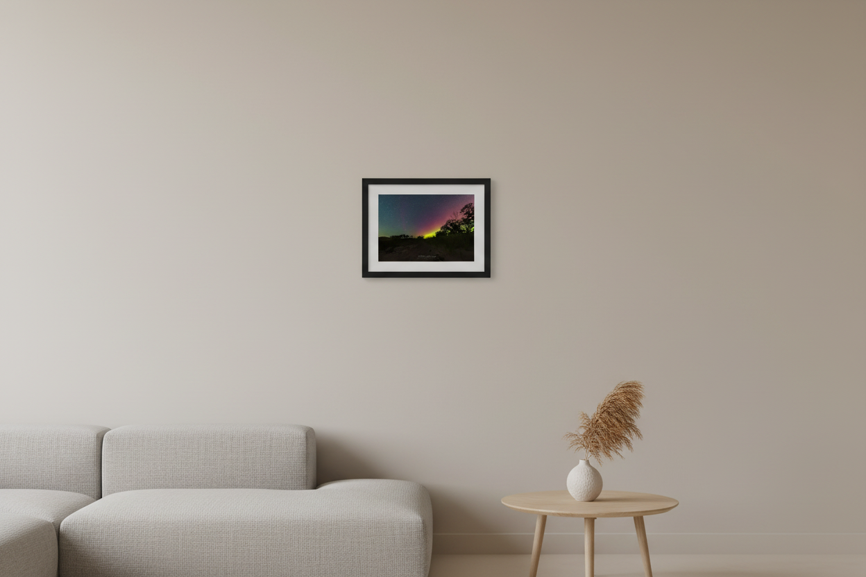 Small fine art print of crimson magenta and lime green Northern Lights aurora over North Bar Lake dune path with dramatic single tree silhouette and dune vegetation Sleeping Bear Dunes displayed in modern living room
