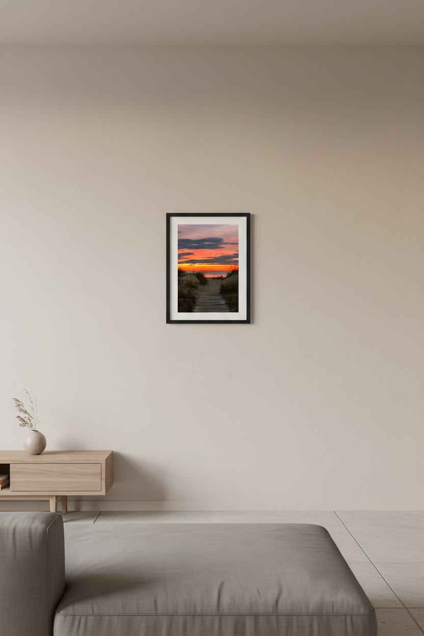 Small fine art portrait print of Glen Haven beach path sunrise at Sleeping Bear Dunes Michigan displayed in modern living room