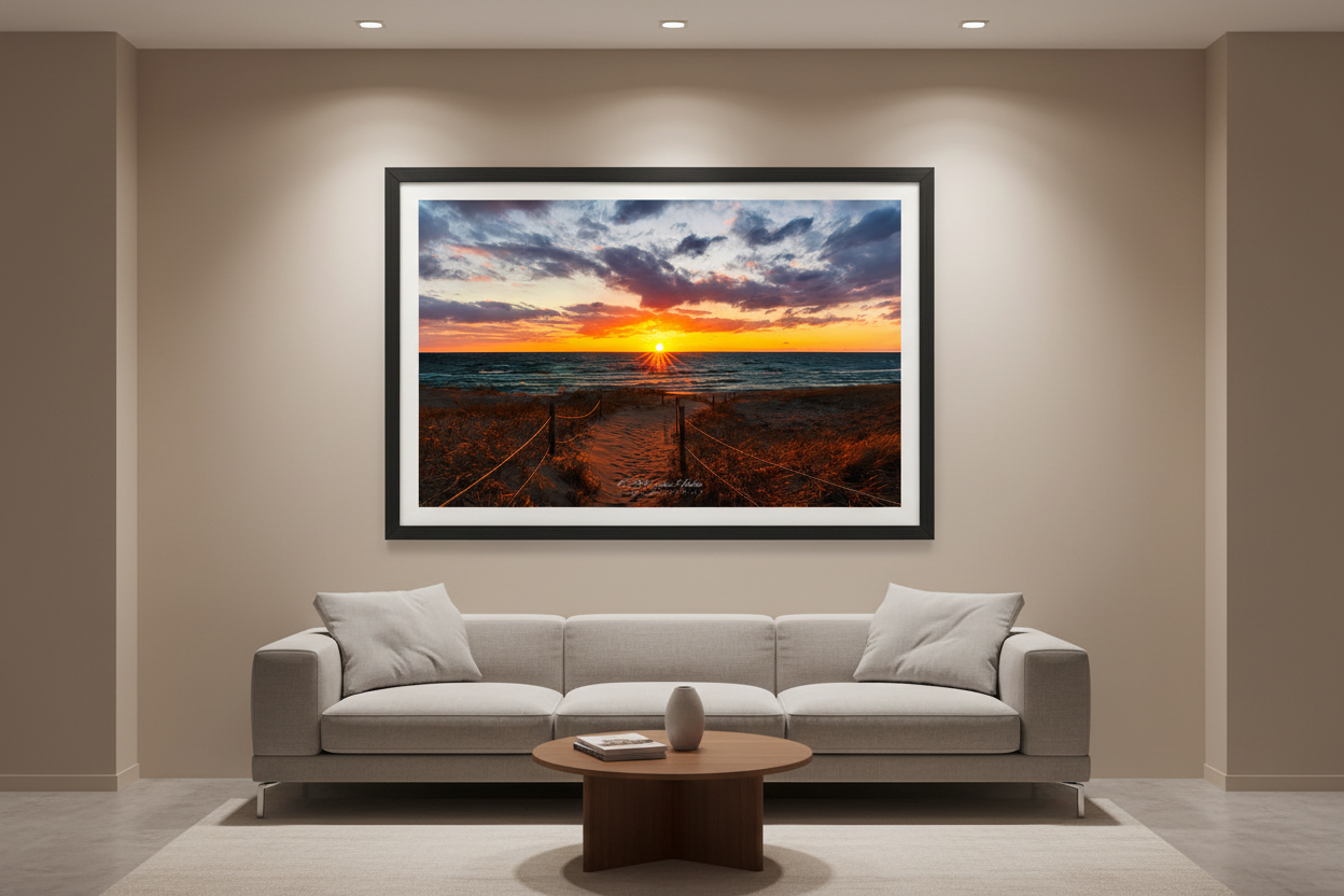 Large fine art landscape print of roped beach path leading to starburst sunset with purple orange clouds and teal waves at North Bar Beach Sleeping Bear Dunes March 2024 displayed in modern living room