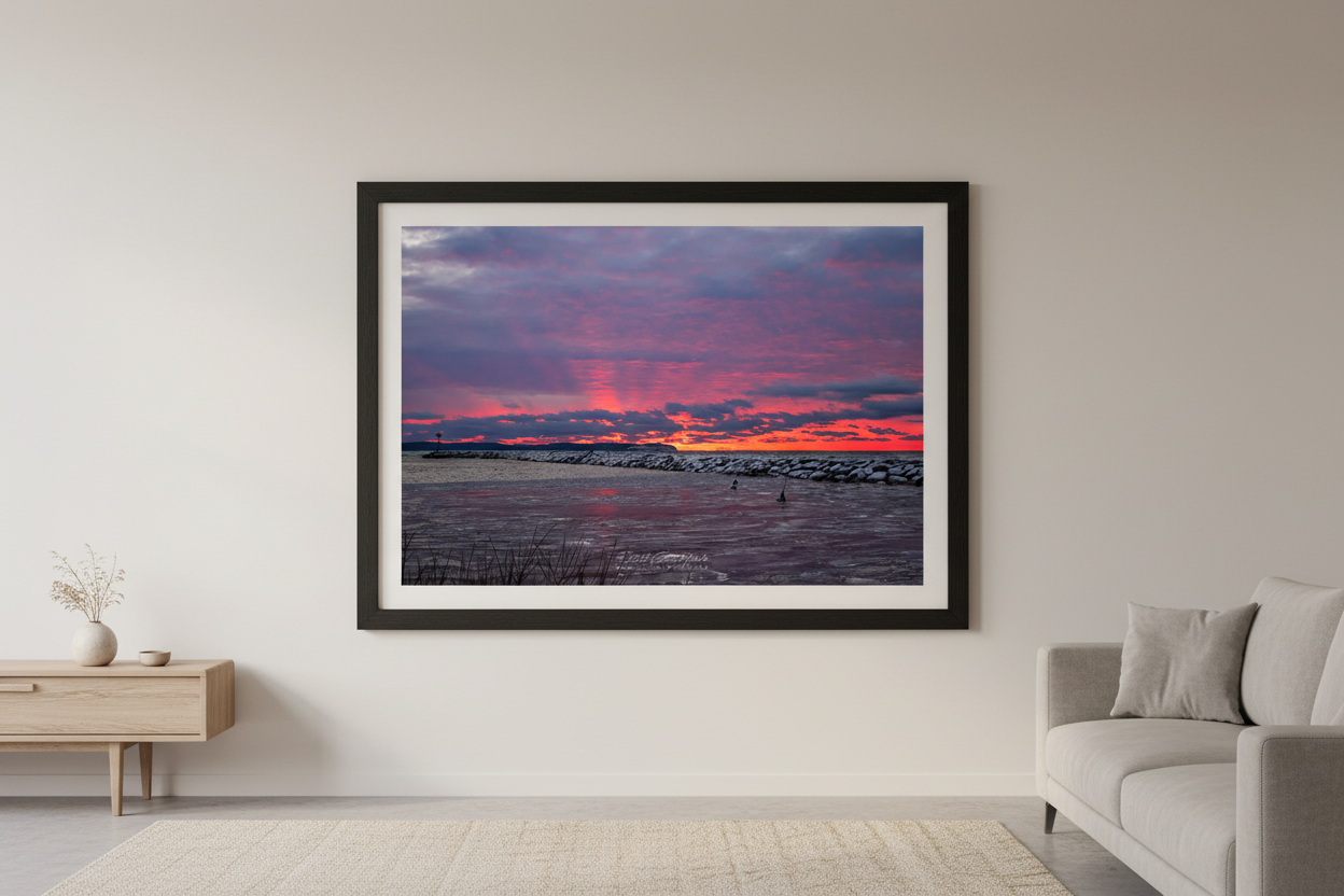 Large fine art landscape print of explosive fiery crimson and pink sunset with crepuscular rays over Pyramid Point and Sleeping Bear Bluffs from Fishtown Leland breakwall with icy water and polar plungers January 3 2022 displayed in modern living room