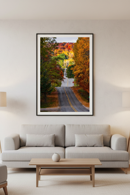 Large fine art portrait print of Narlock Road fall foliage in Leelanau County Michigan displayed in modern living room