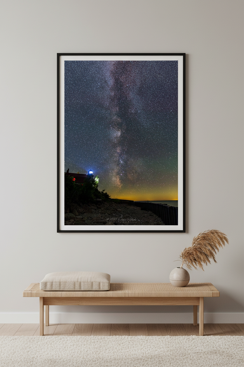 Large fine art portrait print of the Milky Way galactic core rising above the glowing Point Betsie Lighthouse on Lake Michigan Michigan August 5 2022 at 1:32am with amber horizon glow and rocky shoreline displayed in modern living room