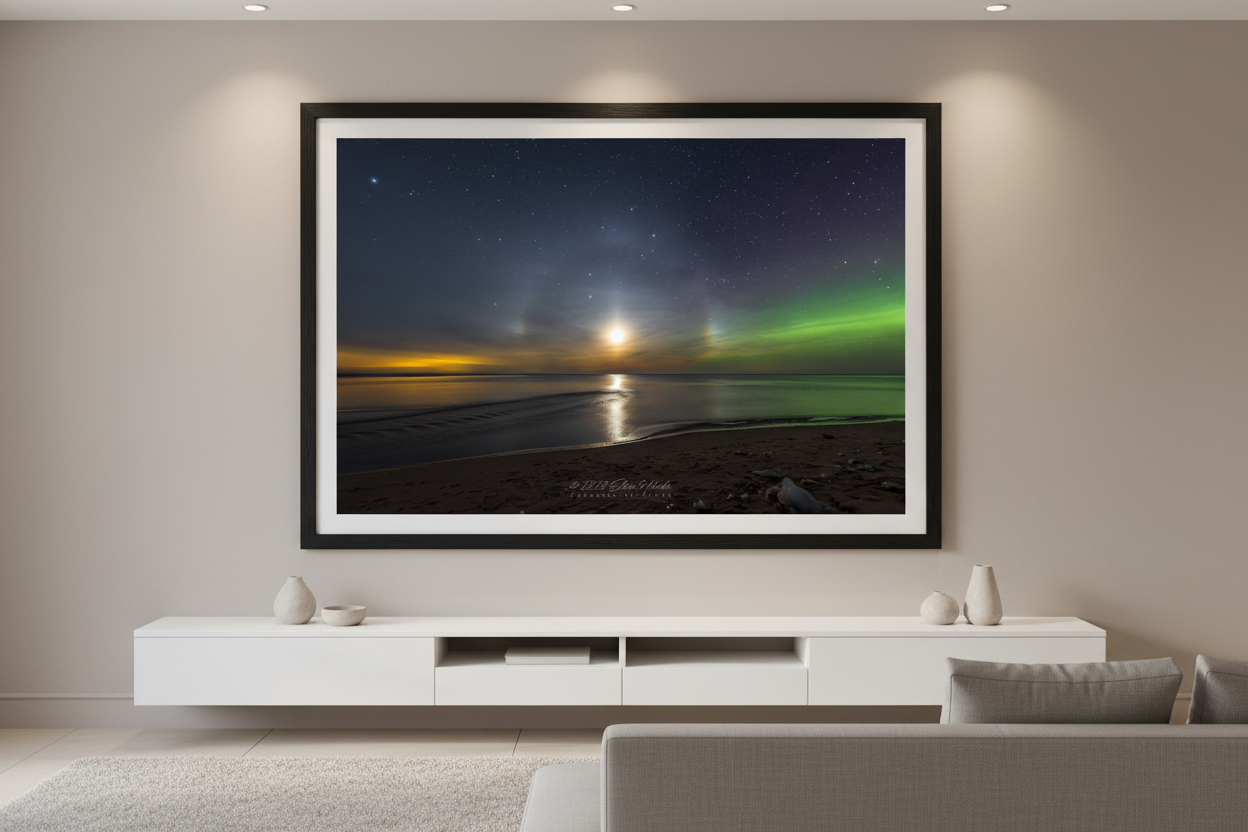 Large fine art landscape print of rare lunar halo and moon pillars with glowing full moon over calm lake casting golden moonpath on water with vivid green Northern Lights on right and warm golden airglow on left horizon at Esch Beach Sleeping Bear Dunes Michigan February 27 2023 displayed in modern living room