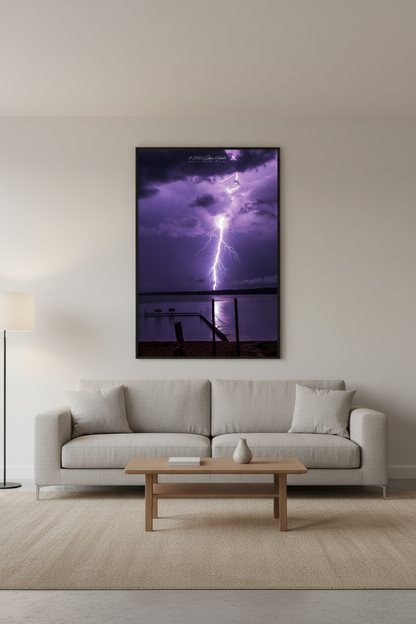 Large fine art portrait print of Morning Jolt lightning over Lake Leelanau displayed in modern living room
