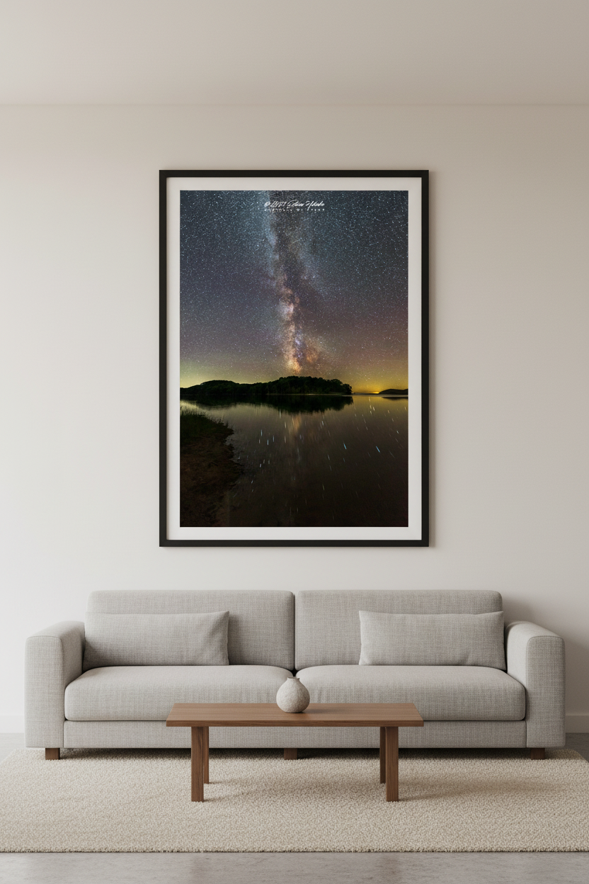Large fine art portrait print of Milky Way galactic core rising vertically over dark silhouetted island with trees reflecting in perfectly still water with diagonal star trails at North Bar Lake Sleeping Bear Dunes Michigan August 31 2022 displayed in modern living room