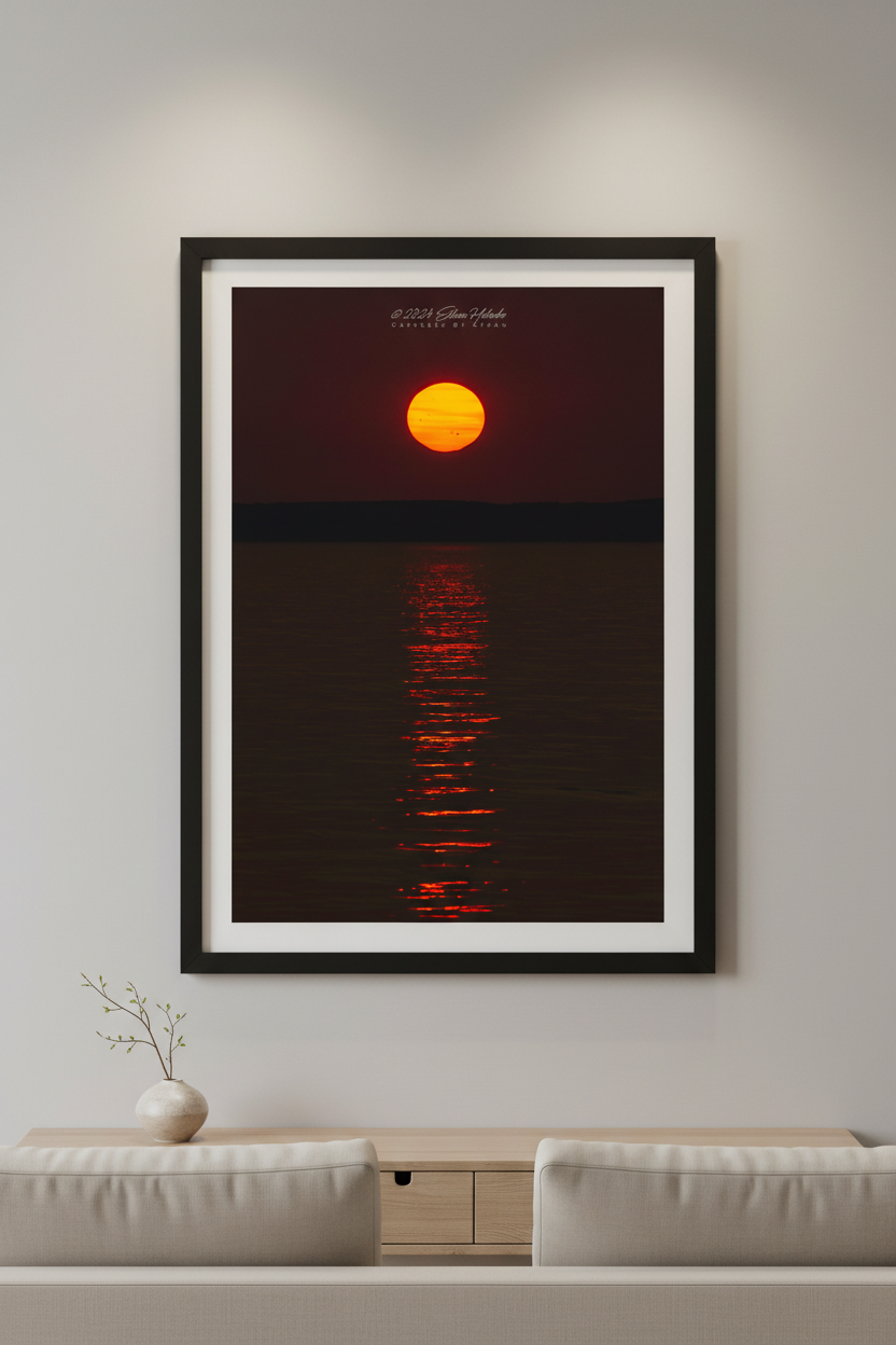 Large fine art portrait print of hazy wildfire smoke sunspot sunset over Lake Michigan with visible sunspots on solar disk and crimson rippled water reflection displayed in modern living room