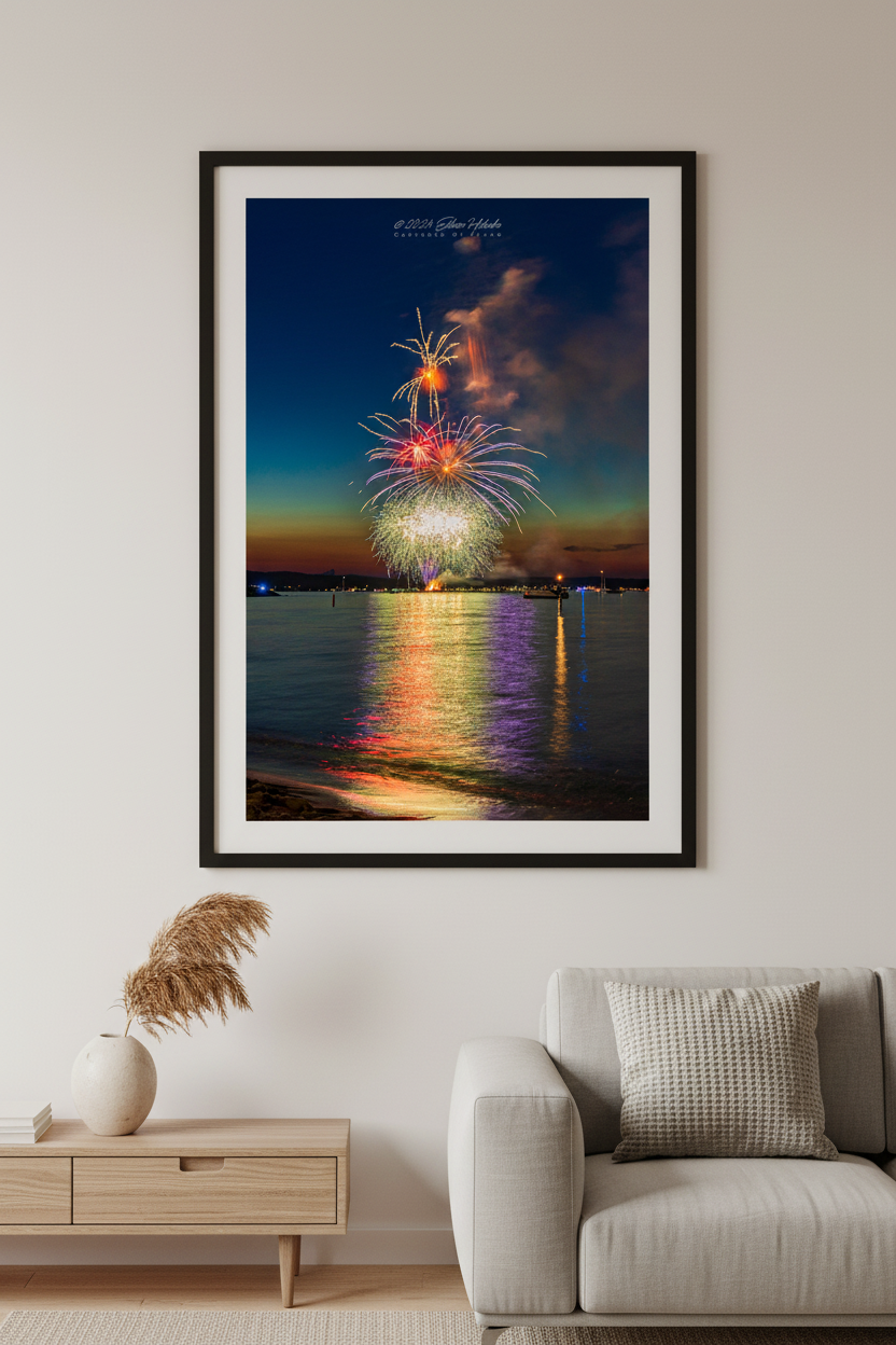 Large fine art portrait print of Traverse City Cherry Festival 2024 finale fireworks featuring golden palm tree burst red purple peony and silver sparkler over Grand Traverse Bay from Clinch Park Beach displayed in modern living room