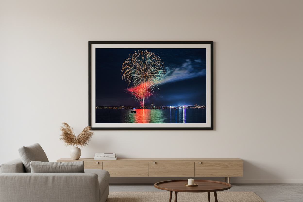 Large fine art landscape print of Traverse City 4th of July 2024 fireworks over Grand Traverse Bay with National Cherry Festival lights and Ferris wheel glow displayed in modern living room