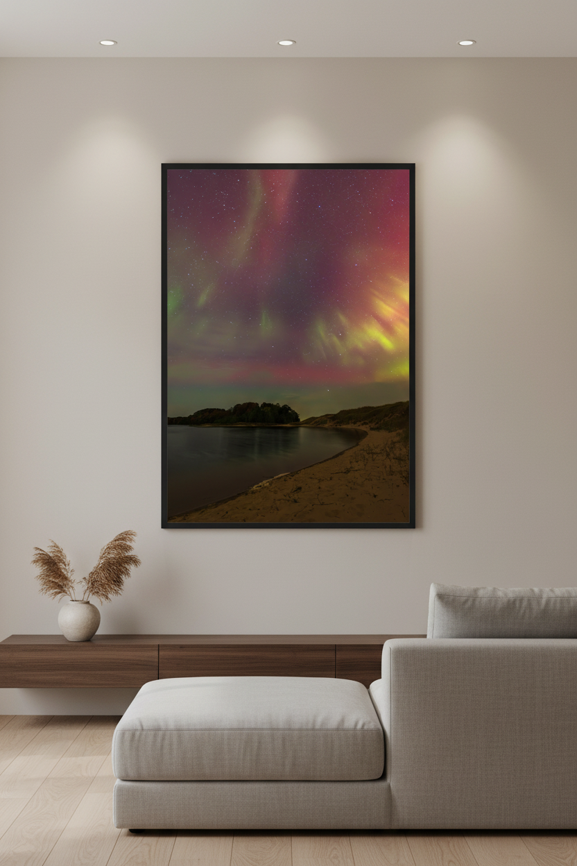 Large fine art portrait print of aurora over North Bar Lake beach with crimson red green and golden yellow aurora curtains above silhouetted island and sandy shoreline at North Bar Lake Michigan October 11 2024 at 1:36am displayed in modern living room