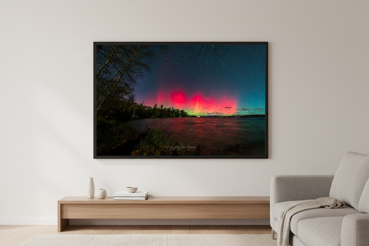 Large fine art print of single dominant crimson red aurora orb glowing over Lake Leelanau wooded shoreline from Leland Michigan November 8 2024 8:28pm with vivid water reflection displayed in modern living room