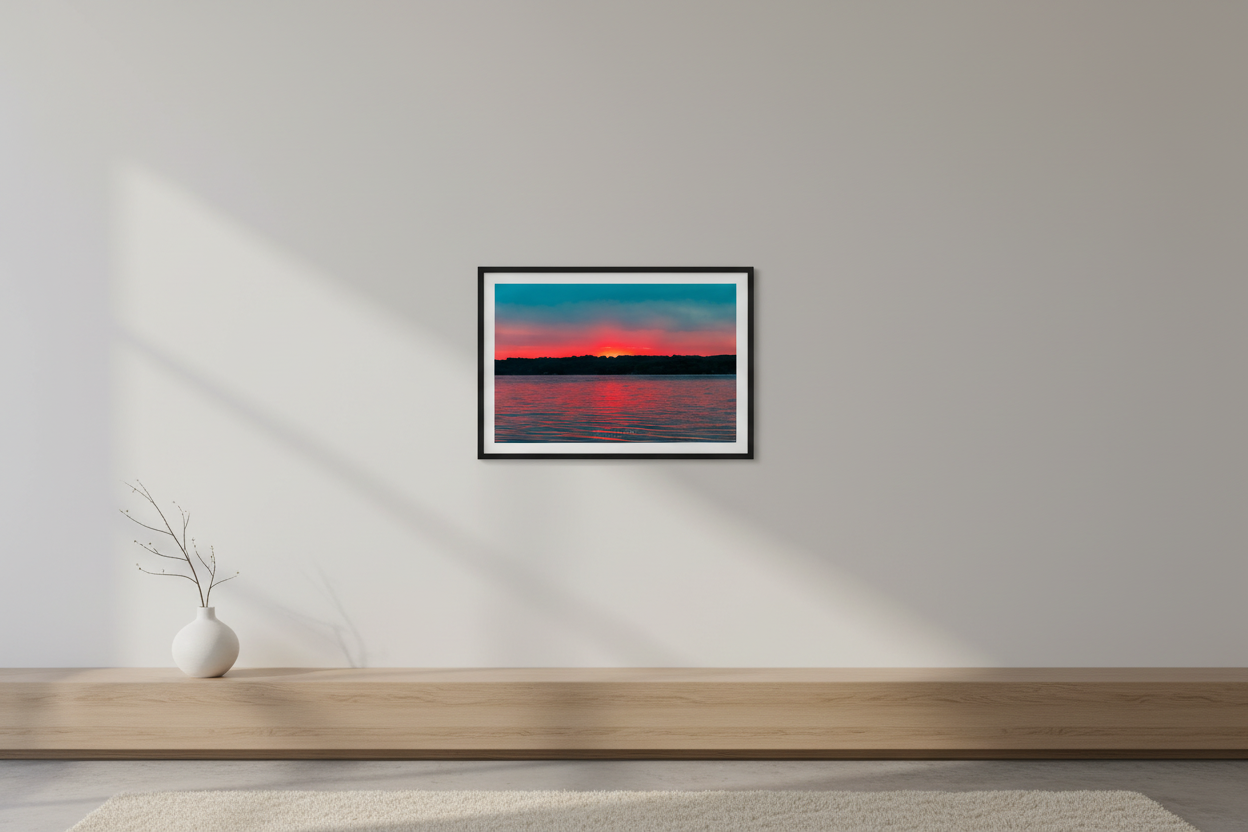 Small fine art print of Lake Leelanau fire sunset afterglow pure minimalist composition smooth atmospheric sky gradient red-orange to salmon-pink to dusty mauve to soft teal-blue no foreground objects teal-dominant water scattered red-pink ripple reflections Leland Michigan displayed in modern living room