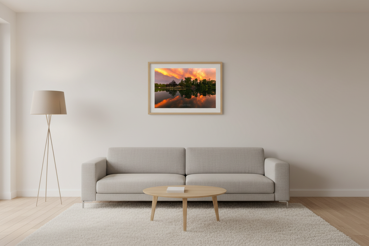 Small fine art landscape print of fiery orange pink storm clouds perfectly mirrored in glassy Leland River with rustic boathouse and tree line silhouette August 2023 displayed in modern living room