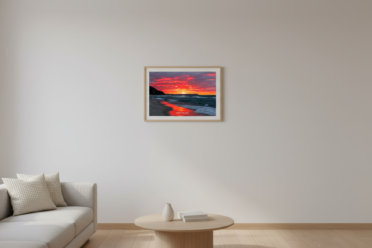 Small fine art landscape print of explosive crimson orange sun pillar sunset with churning waves and wet sand reflections on Lake Michigan beach Leland Michigan November 2024 displayed in modern living room
