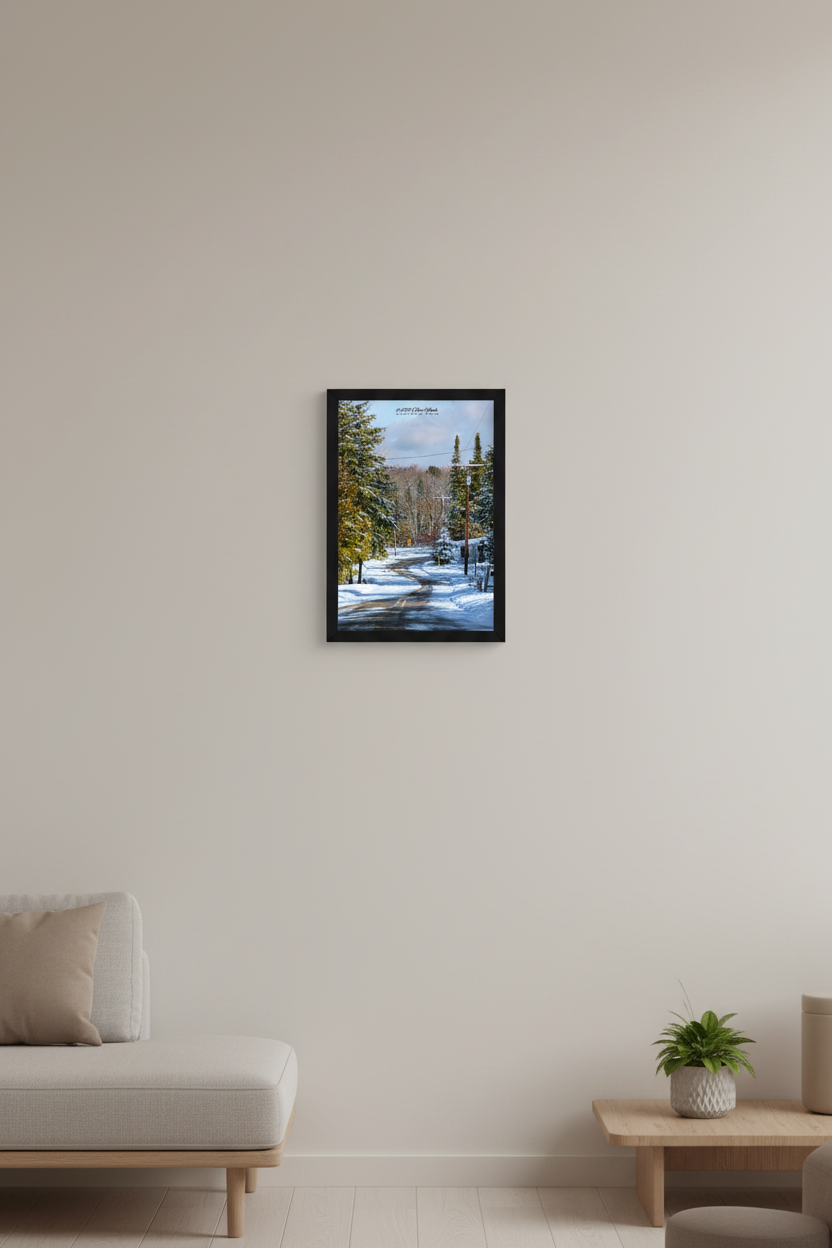 Small fine art portrait print of snow-covered winding Leelanau County road lined with snow-laden evergreen trees and bare winter forest on a cloudy winter day February 28 2023 displayed in modern living room