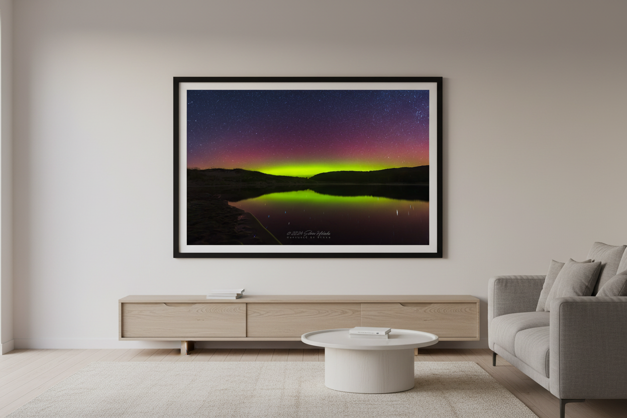 Large fine art print of full-sky crimson aurora dome with brilliant lime green horizon band reflecting in glassy North Bar Lake symmetrical valley bowl composition Sleeping Bear Dunes displayed in modern living room
