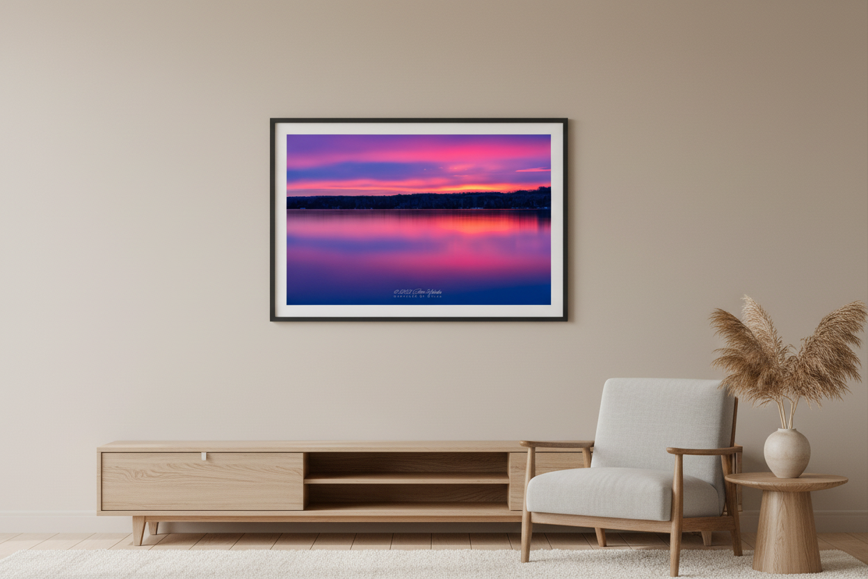Large fine art long exposure landscape print of stunning magenta violet sunrise with mirrored pink purple layers reflecting across glassy Lake Leelanau Leland Michigan April 2022 displayed in modern living room