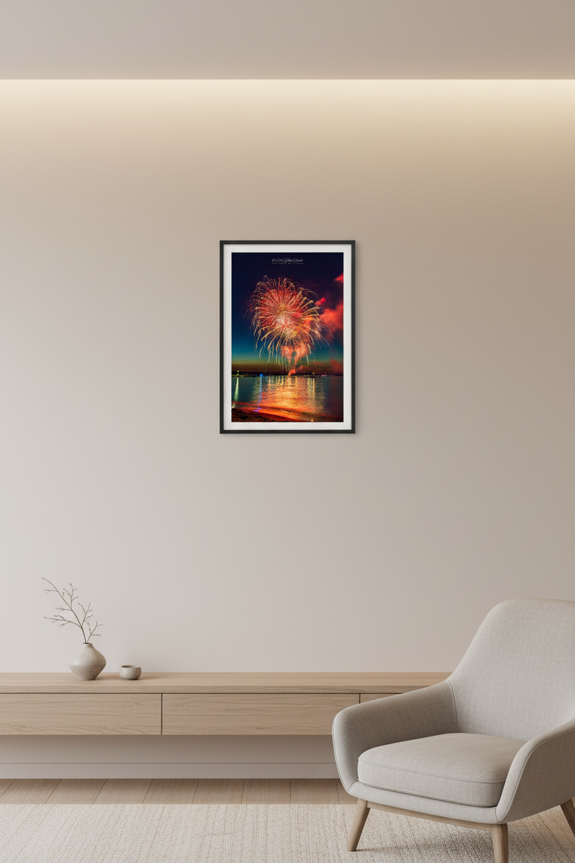 Small fine art portrait print of Traverse City Cherry Festival 2024 finale fireworks featuring massive red peony and gold willow burst filling the sky over Grand Traverse Bay from Clinch Park Beach displayed in modern living room